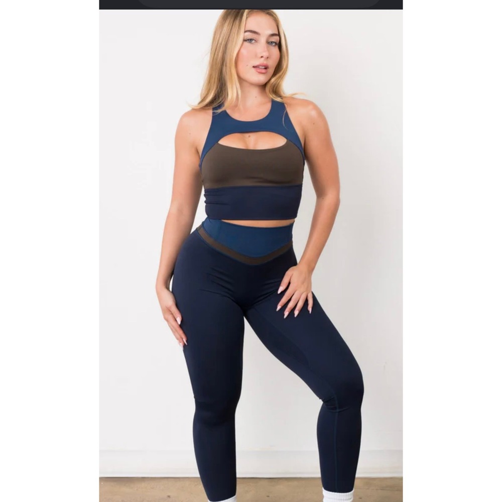 Velocity Activewear High Waisted Colorblock Leggings Navy Blue V-Waist Small